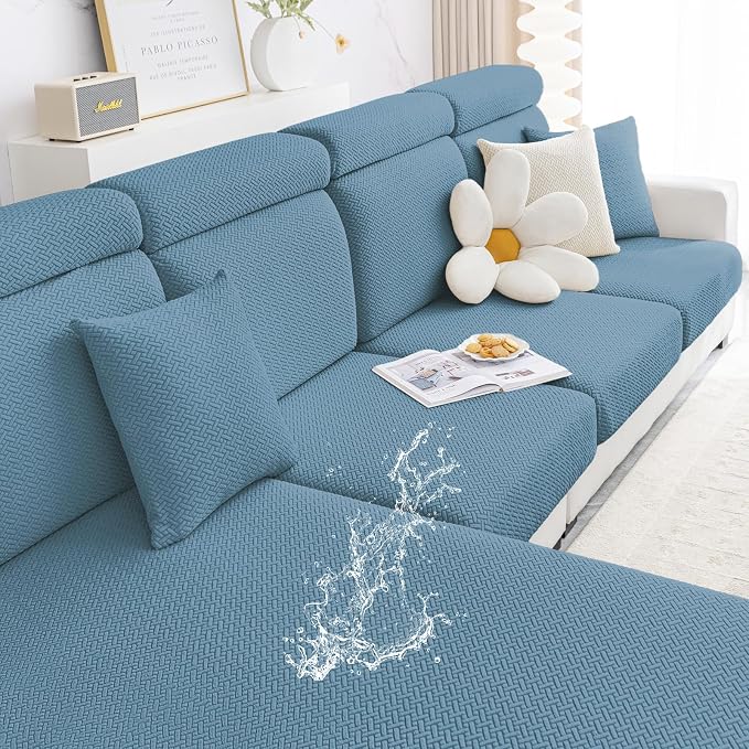 Smiry Waterproof Couch Cushion Covers, Non Slip Seat Cushion Covers | Stretch Jacquard Sectional Sofa Slipcover, Washable Elastic Furniture Protector for Pets, Kid, Medium, Blue by Smiry