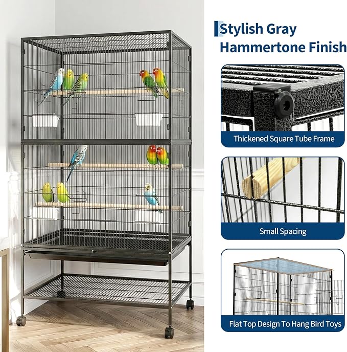 60" H Large Bird Cage, Rolling Bird Cage with Storage Stands, Feed Bowls, Wide Flight Parakeet Cage for Macaw, Parakeets, Conures, Cockatiel, Cockatoo - Image 3