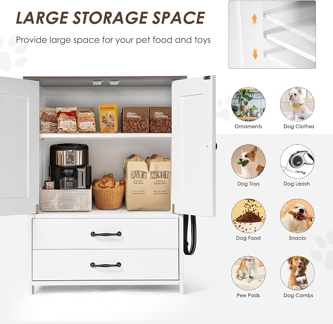 Dog Feeding Station Storage Cabinet: Pet Feeder Container Cabinet with 2 Hidden Raised Dog Bowls Drawers for Feeding & Watering Supplies - Image 4