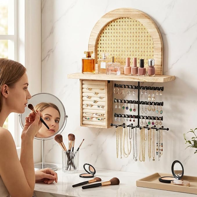 AceOrbit Hanging Jewelry Organizer Wall Mounted with Rustic Wood Rattan Shelf Wooden Ring Display Box Large Boho Jewelry Holder for Necklaces Bracelet Earrings Rings Storage - Image 5