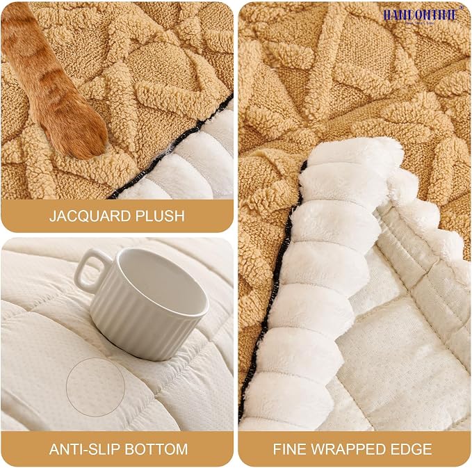 HANDONTIME Dog Couch Cover Jacquard Geometric Sofa Covers Washable Funny Fuzzy Couch Cushion Cover Non-Slip Plush Pet Protector Furniture Covers Durable Comfortable (Butterscotch, 27.6" x 82.7") - Image 3