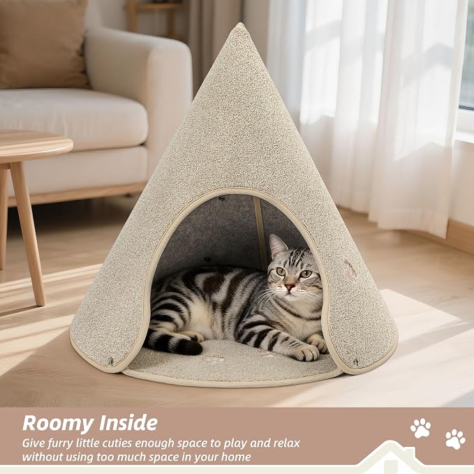BEQHAUSE Cat Beds for Indoor Cats, Cat Cave Bed with Non-Slip Bottom, Beige | Anti-Scratch Cat House Cat Tent for Kittens and Small Dogs, Foldable Kitten Hideaway Machine Washable, 22.8 * 22.8 * 20.8in - Image 2