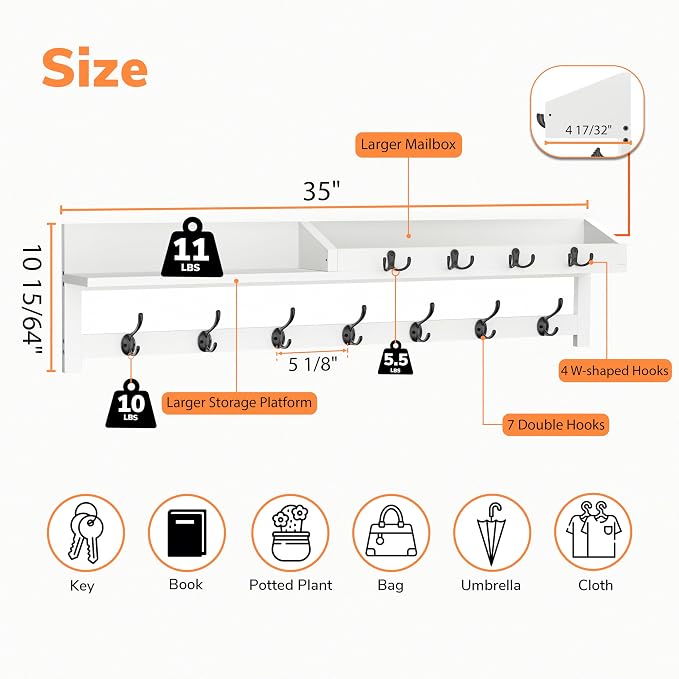 AMBIRD 35 inch Coat Rack Wall Mount, Extra Long Coat Hooks Wall Mount, Entryway Shelf with 7 Dual Coat Hooks 4 Key Hooks Mail Organizer, Wooden Wall Coat Rack with Hooks, Key Holder Rack (White) - Image 3