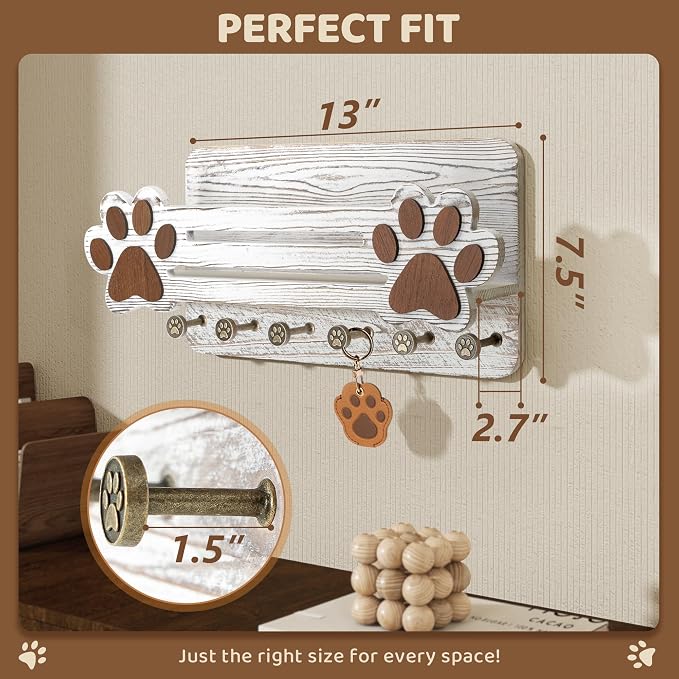 MTERSN Farmhouse Dog Leash Holder for Wall - Cute Dog Accessories Storage Organizer with Floating Shelf and 6 Key Hooks – Key Holder Wall Mount for Rustic Home Decor (White) - Image 2