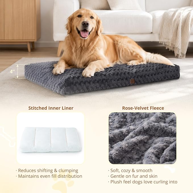 EGOHOME Extra Large Dog Bed, Shredded Memory Foam, Washable, Non-Slip | Balanced Support Foam, CertiPUR-US, Removable Washable Cover, Rose Velvet, Dog Crate Bed & Kennel Pad, 47 x 29 Inch, Gray - Image 2