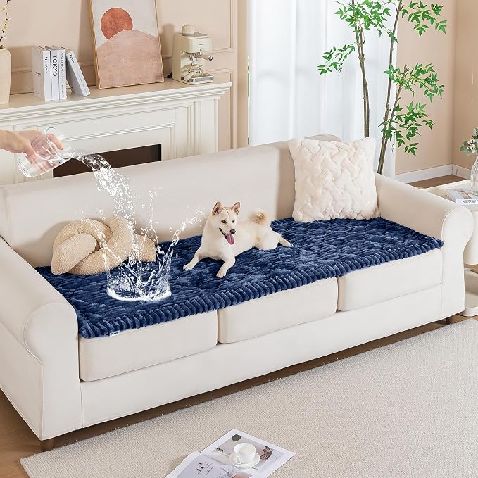 PuTian 100% Waterproof Fuzzy Couch Cover for Dogs Navy Blue 27.6"x82.7" | Pet Friendly Dog Mat for Couch, Waterproof Sofa Protector, Scratch Resistant Furniture Cover for Dogs, Machine Washable by PuTianWorld