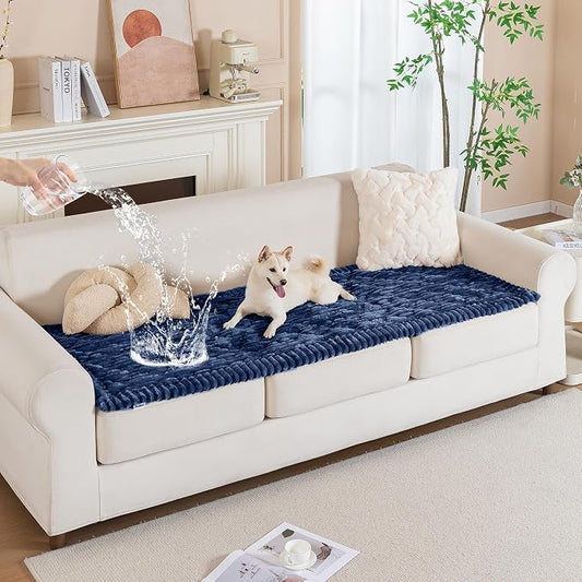PuTian 100% Waterproof Fuzzy Couch Cover for Dogs Navy Blue 27.6"x70.9" | Pet Friendly Dog Mat for Couch, Waterproof Sofa Protector, Scratch Resistant Furniture Cover for Dogs, Machine Washable by PuTianWorld