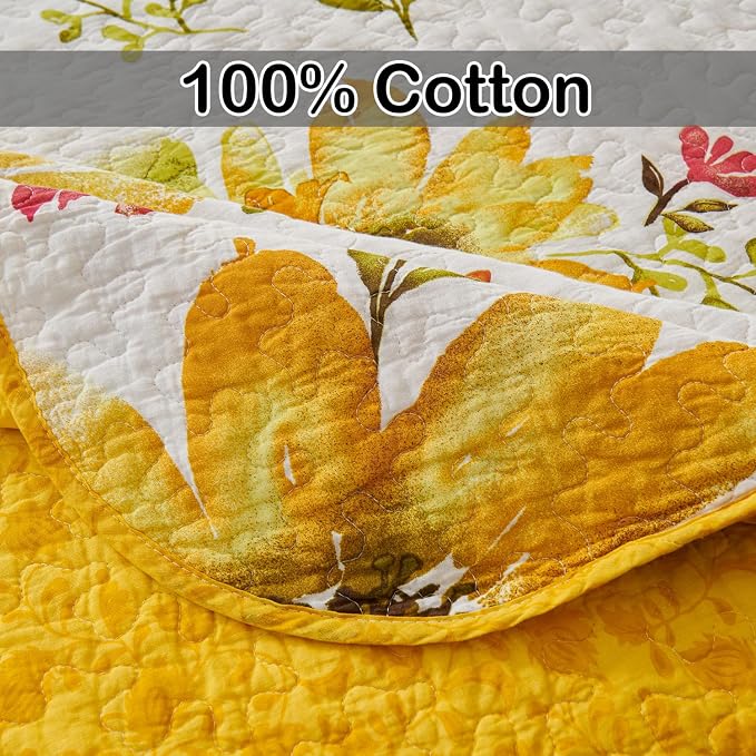 EVENHUG 100% Cotton Quilt Queen Size Yellow Sunflower Bedding Set Floral Lightweight Quilt Reversible Coverlet Bedspread with 2 Pillow Shams All Seasons 3 Pieces (92"x96") - Image 6