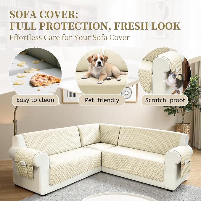 Sectional Couch Covers for Dogs 100% Waterproof Corner L Shaped Sofa Cover Pet Friendly Velvet Washable Anti Slip L Shape Modular Sofa Slipcover Protector with Pockets (Ivory White, Small) - Image 4