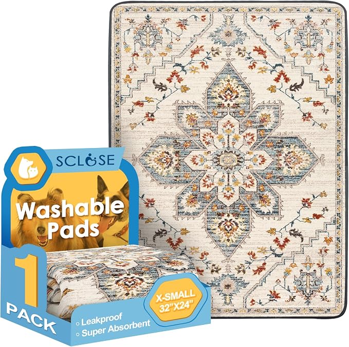 SCLOSE Washable Pee Pad for Dogs, 32" x 24" Reusable Puppy Pads Waterproof Dog Rugs, Super Absorbent, Leakproof, Dog Crate Pad, Playpen Mat, Whelping Pads, White Medallion by SCLOSE