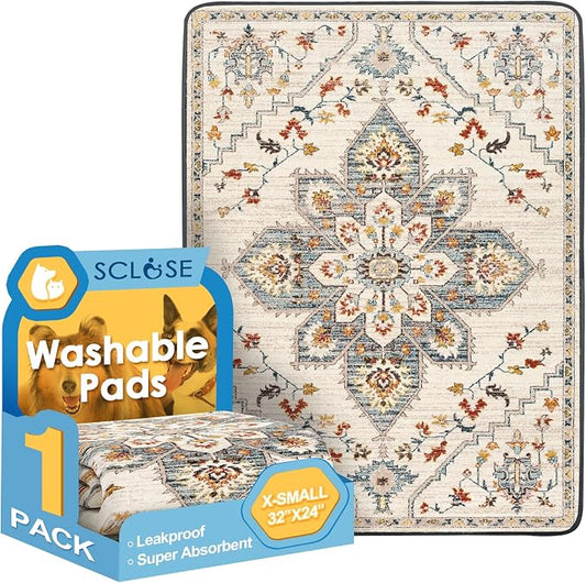 SCLOSE Washable Pee Pad for Dogs, 32" x 24" Reusable Puppy Pads Waterproof Dog Rugs, Super Absorbent, Leakproof, Dog Crate Pad, Playpen Mat, Whelping Pads, White Medallion by SCLOSE