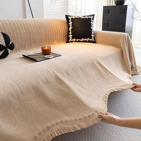 ROOMLIFE Khaki Sofa Cover, Vintage Boho Couch Cover for 3 Cushion Sofa, Non Slip Soft Chenille Sofa Slipcovers for Dog, Washable Furniture Sofa Protector Cover with Tassel for Living Room, 71''X150” by ROOMLIFE