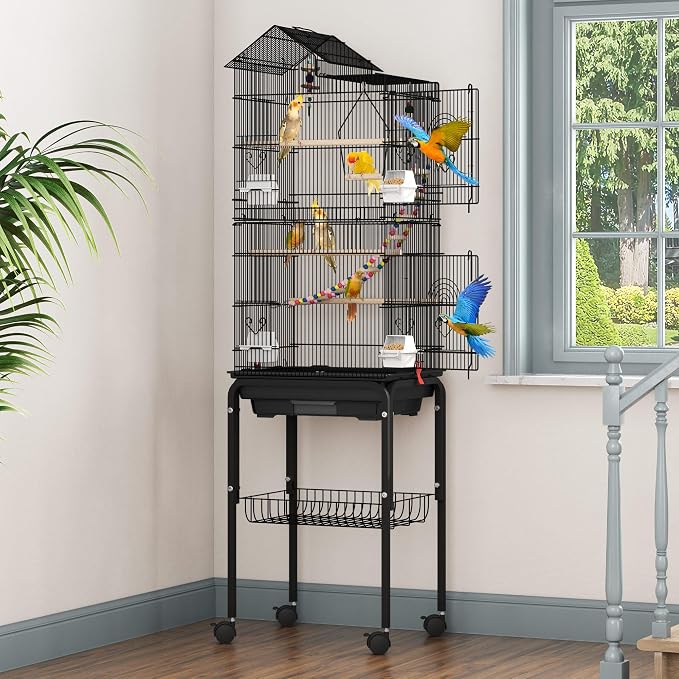 DWVO 62-inch Metal Bird Cage | Bird Cage Spacious for Cockatiels, Parrots, Pigeons, Lovebirds, Features Roof Access and Rolling Stand Black - Image 6
