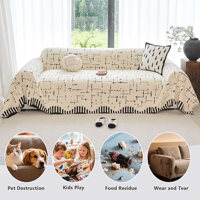 Sherpa Fleece Oversized Couch Cover for 3-4 Cushion Sofa, Beige 71" x 150" - Pet Proof Heavy Duty Scratch Resistant Furniture Cover - Easy Install, Machine Washable - Image 4
