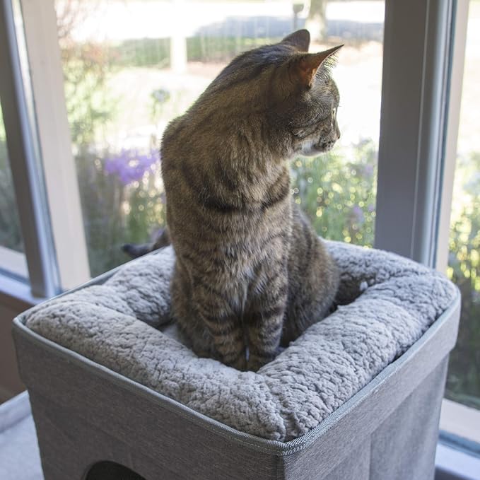 Kitty City Large Stackable Cat Condo & Cube House, Modular Indoor Cat Furniture with Plush Washable Beds, Collapsible Cat Cave & Lounging Ottoman, Grey - Image 8