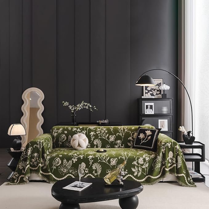 STACYPIK Vintage Jacquard Floral Couch Cover for Dogs, Washable Green Garden Sofa Cover for 3 Cushion Couch, Anti Slip Sofa Covers for Sectional, Boho Chenille Pets Protector for Living Room-71X150IN by STACYPIK