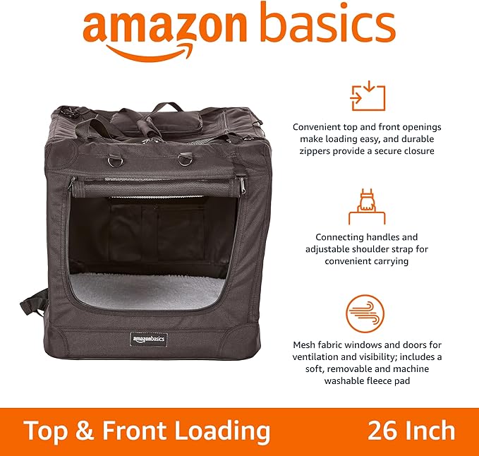 Amazon Basics Folding Portable Soft Pet Dog Crate Carrier Kennel, 26.2"L x 17.8"W x 18.1"H, Black