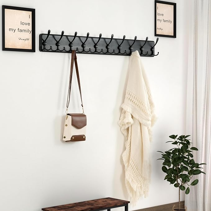 Dseap Coat Rack Wall - Heavy-Duty 38-1/4" Long, with Reinforced 10 Custom Tri-Hooks, Solid Wood Wall Hanger for Coats Hat Jackets - Rustic Farmhouse Entryway Hallway Storage, Black - Image 2