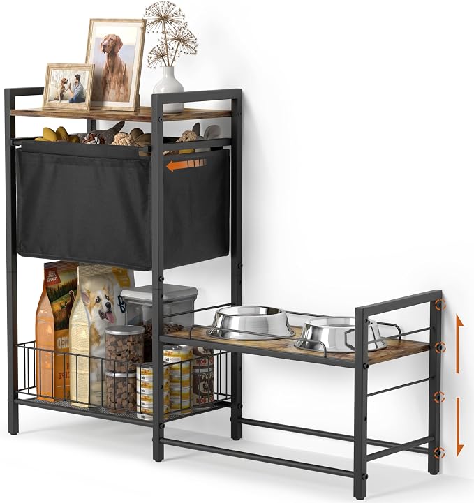 Lomivra Elevated Dog Bowl Stand with Toy Bin Basket, 4 Height Adjustable Raised Feeding Station Cabinet, Lifted Food and Water Bowl Holder, Pet Storage Organizer for Large Medium Small Dogs by Lomivra