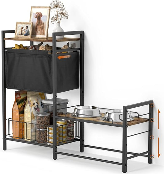 Lomivra Elevated Dog Bowl Stand with Toy Bin Basket, 4 Height Adjustable Raised Feeding Station Cabinet, Lifted Food and Water Bowl Holder, Pet Storage Organizer for Large Medium Small Dogs by Lomivra