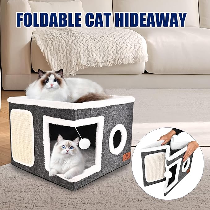 Felt Cat Cave Beds for Indoor Cats, Foldable Cat Hideaway with Scratch Pad and Fluffy Ball, Large Covered Cat House with Reversible Cushion for Multi Small Pet - Image 6