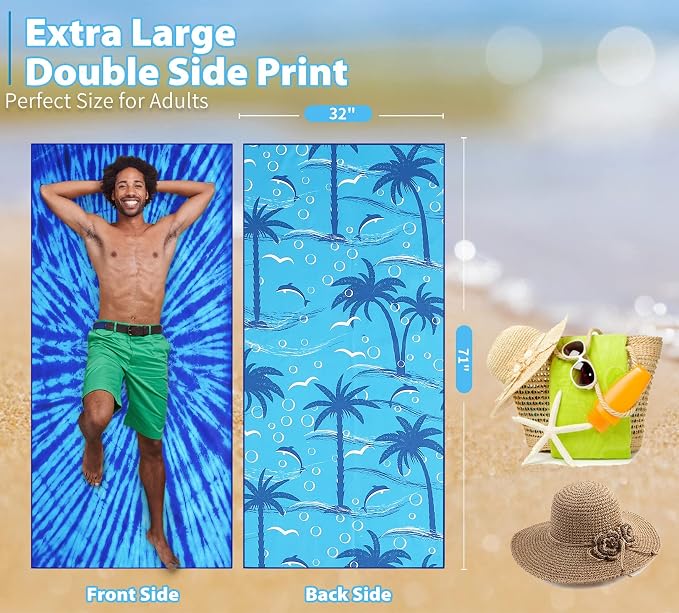 TwoYek Microfiber Beach Towel Extra Large 71x32 inches Blue Tie Dye Print | Thin Lightweight, Sand Free, Super Absorbent Quick Dry, Oversized for Travel Pool Swim Bath Accessories Vacation Essentials - Image 3