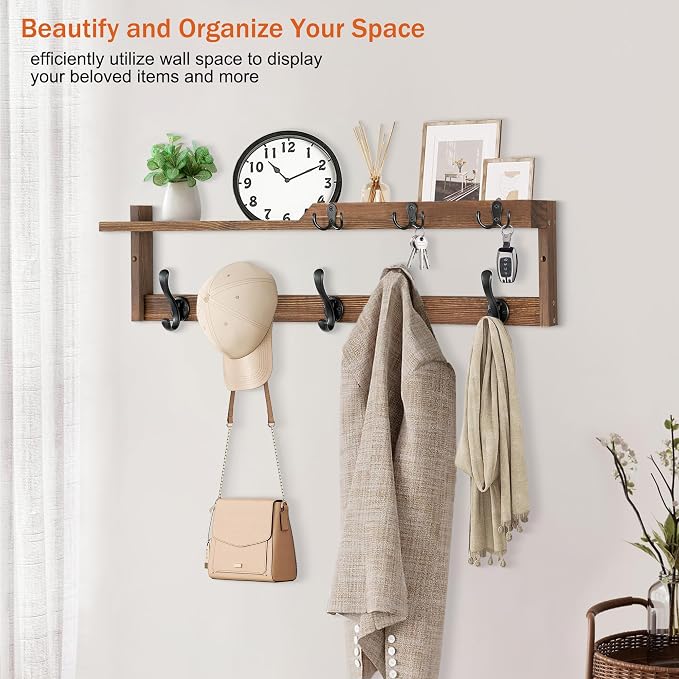 29'' Coat Rack Wall Mount with Shelf, Coat Hanger Wall Mount with Key Hooks and Mail Holder, Wood Entryway Floating Shelf with Hooks and Storage, Hat Rack for Wall Key Holder Mail Organizer - Image 7