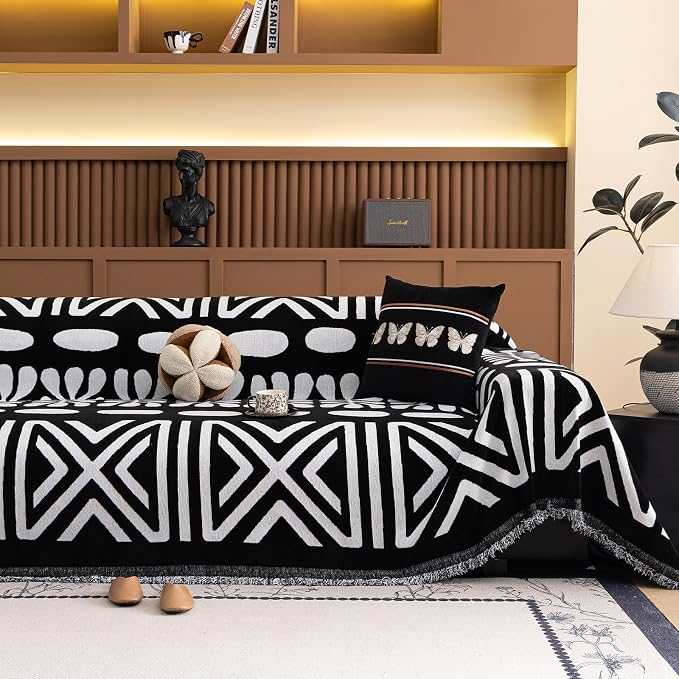 VClife Minimalism Tribal Couch Cover Non Slip White Black Geometric Jacquard Sofa Cover Washable Bohemian Style Aztec Couch Slipcover for Sectional Couch Chenille Furniture Protector 71''x118'' by VCLIFE