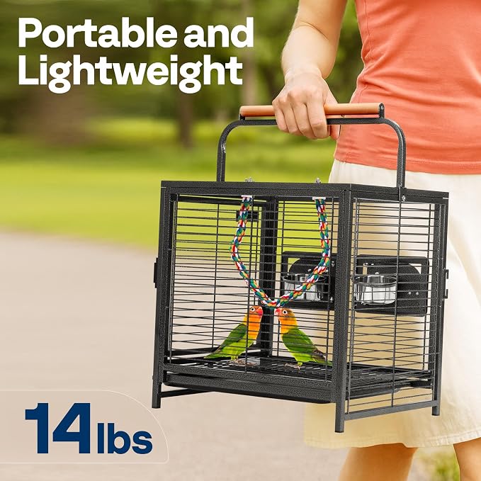 VIVOHOME 19 Inch Wrought Iron Travel Bird Cage for Cockatiel Parakeets | Bird Travel Carrier Cage with Wooden Handle/Perch, Slide-out Tray for Small Parrots Conures Lovebirds Canaries Finches, Black - Image 2