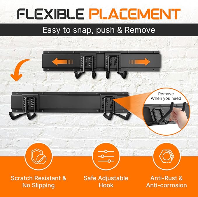 "96 Garage Tool Organizer Wall Mount - Heavy Duty 1020 lbs Metal Storage Rack, Easy Install Adjustable Hooks for Garden Tools Brooms - Image 4