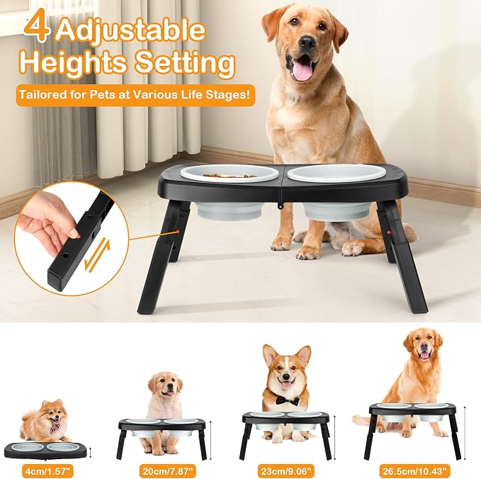 Adjustable Elevated Dog Bowls Stand – 4-Level Height Portable Feeder with Collapsible Silicone Bowls, Non-Slip Base for Medium & Large Dogs – Travel Dog Bowl & Water Dish - Image 2