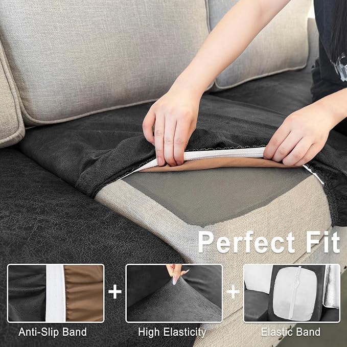 ANARACHON Leather Look Couch Cushion Covers Sofa Seat Slipcovers Sets Couches Furniture Protector for Sectional Armchair Loveseat Pets Kids Stretch Spandex Fabric (3 Cushion Sofa, Dark Grey) - Image 4