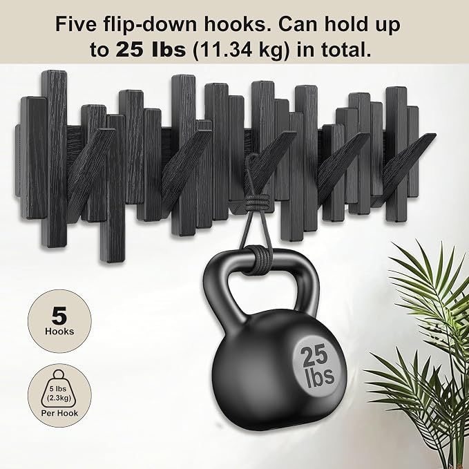 Coat Rack Wall Mount Piano Flip Down Wall Hook Rack 5 Hooks Oak | Natural Wood Handmade Unique Hanger for Coats Bag Hat Umbrella key Wall Art In the foyer living room bedroom bathroom office - Image 3