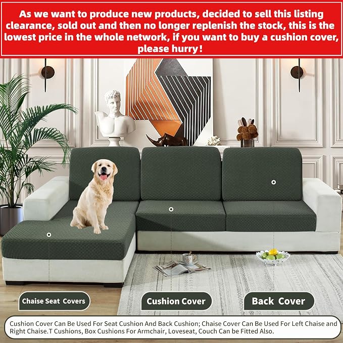 【Clearance】 Sectional Couch Covers for L Shaped Chaise Lounge 1 Piece Separate Cushion Couch Universal Replacement Large Checkered Furniture Protector with Elastic Bottom (Chaise Cover, Army Green) - Image 2