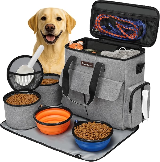 Modoker Weekend Dog Travel Bag Set with 2 Food Bags, 2 Bowls and Mat, Grey | Dog Travel Accessories Organizer for Camping and Road Trips with Roomy Storage, Multiple Pockets and Water-Resistant Oxford by Modoker