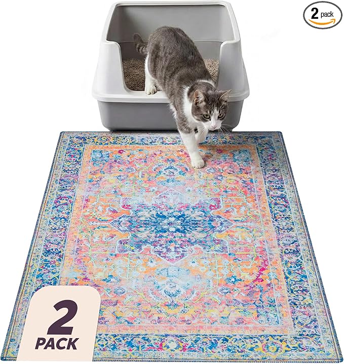 Lovewag Pets Cat Litter Box Mats 2 Pack - Small 16x24 Machine Washable, Easy Clean, Non-Slip, Waterproof Mats for Indoor Cats - Kitty Litter Mess Control & Urine Floor Protection (Marmalade Sunshine) | Washable litter mat cover, kitty litter mat & cat ... by Lovewag