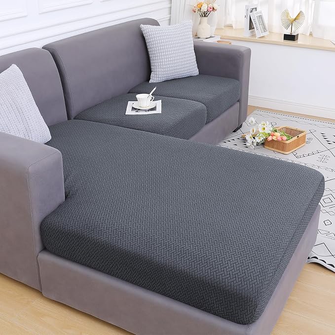 Smiry Waterproof Couch Cushion Covers, L Shape Sectional Couch Covers | Stretch Jacquard Chaise Lounge Sofa Slipcover, Washable Elastic Furniture Protector for Pets, Chaise, Grey - Image 5