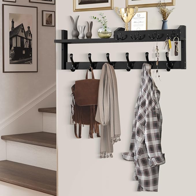 Coat Rack Wall Mount with Shelf, 27.5" Entryway Wall Hanging Shelf, Coat and Key Hanger with 10 Dual Hooks, Mail Organizer and Key Holder Hat Rack for Wall, Wood Coat Hooks with Storage - Image 7