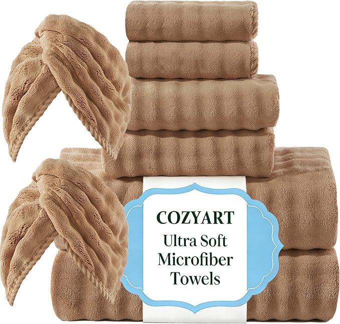 COZYART Lint Free 8 Pcs Bathroom Towels Set Ultra Soft Microfiber Tan | Fluffy, Thick, Highly Absorbent, Fast Dry, No Shedding, No Pilling, Fade Resistant, Durable, Long-lasting by COZYART