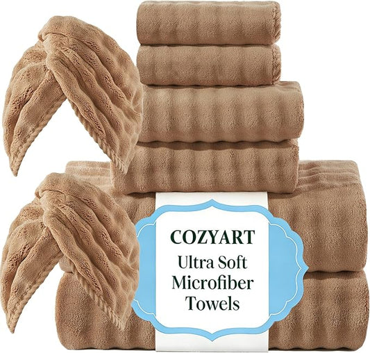 COZYART Lint Free 8 Pcs Bathroom Towels Set Ultra Soft Microfiber Tan | Fluffy, Thick, Highly Absorbent, Fast Dry, No Shedding, No Pilling, Fade Resistant, Durable, Long-lasting by COZYART