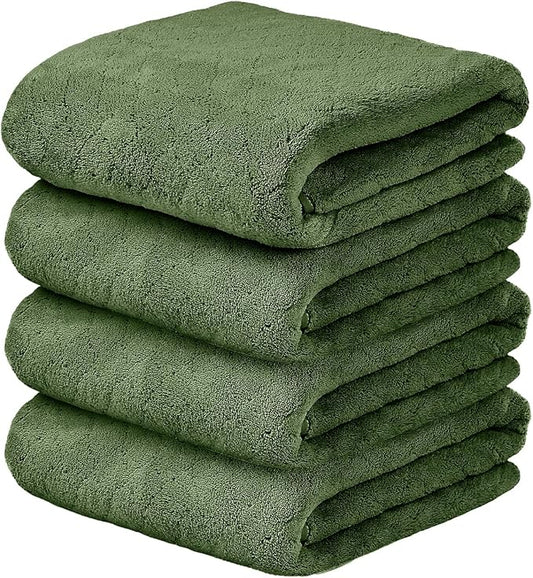 JML Pack of 4 Large Bath Towels, 30"x60", Olive-Green | Hanging Loop, Super Soft, Absorbent, Lint Free, Fade Resistant, Lightweight, Quick Dry, Use for SPA , Sauna, Salon Hair Wrap by JML