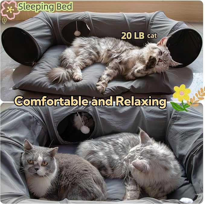 XxingSheep 4 Ways Shuttled XL Cat Tunnel Bed for Indoor Cats Peekaboo Cat Cave Donut with Cool Mat (Dark Gray) - Image 4