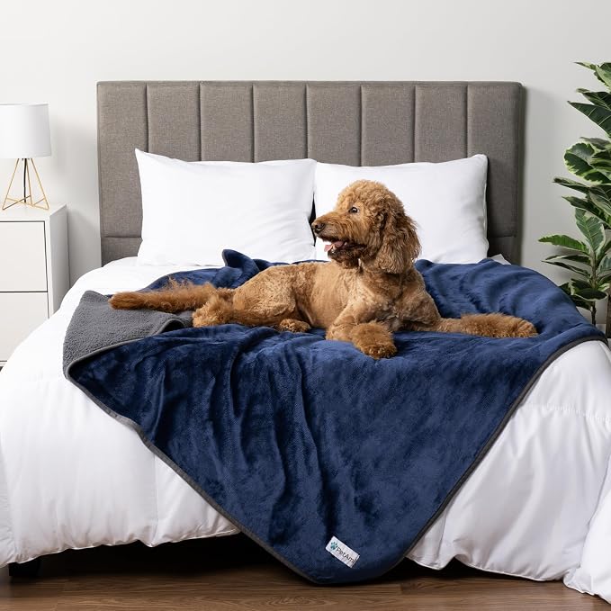 PETAMI Sherpa Fleece Waterproof CAT and Dog Blanket, Navy/Gray, Queen by PetAmi