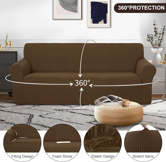 U-NICE HOME Stretch Couch Cover Slipcover for 3 Cushion Sofa, Brown | 1-Piece Sofa cover, Washable, Pet friendly, Furniture protector, Polyester Spandex Jacquard fabric - Image 3