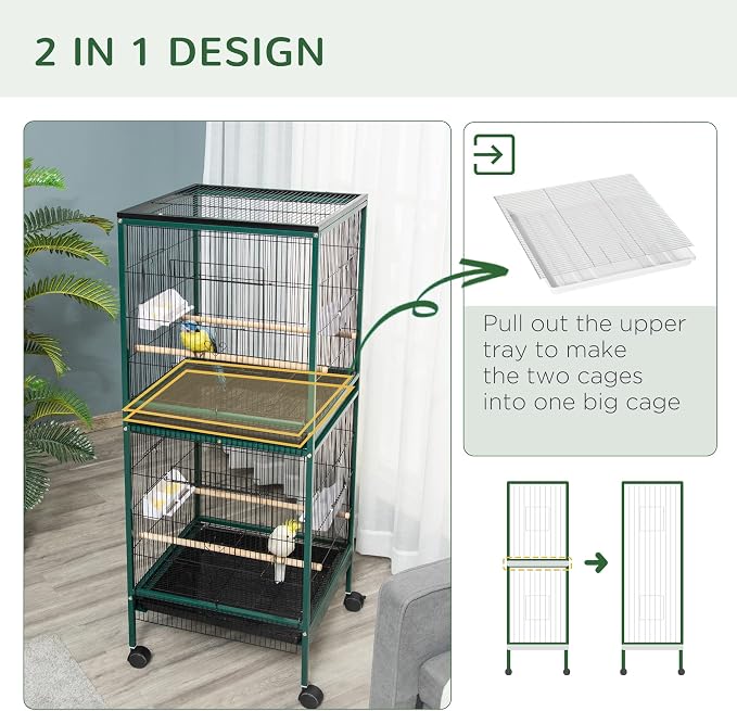 PawHut Large Bird Cage with 1.7 ft. Width for Wingspan, Bird Aviary Indoor with Multi-Door Design, Fit for a Canary, Finch, Conure, 55", Green | Bird Aviary Indoor, Multi-Door Design, Fit for a Canary, Finch, Conure - Image 3