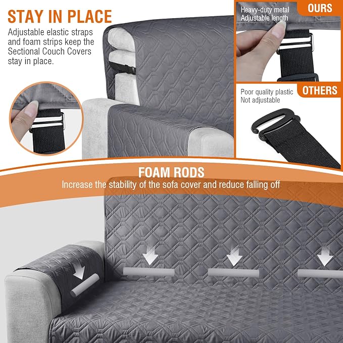 VANSOFY Sectional Couch Covers 100% Waterproof L Shaped Sofa Slipcover 3pcs Reversible Chaise Lounge Cover for Sectional Sofa Furniture Protector Cover for Pets Dog Cat(Small, Dark Gray) - Image 4