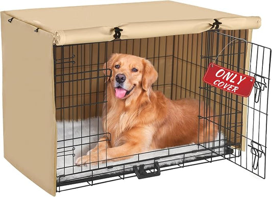 Dog Crate Cover - Double Door Waterproof Pet Kennel Cover, Durable 600D Polyester Protective Cage Cover for 24/30/36/42/48 Inch Dog Crate - Beige by Akinerri
