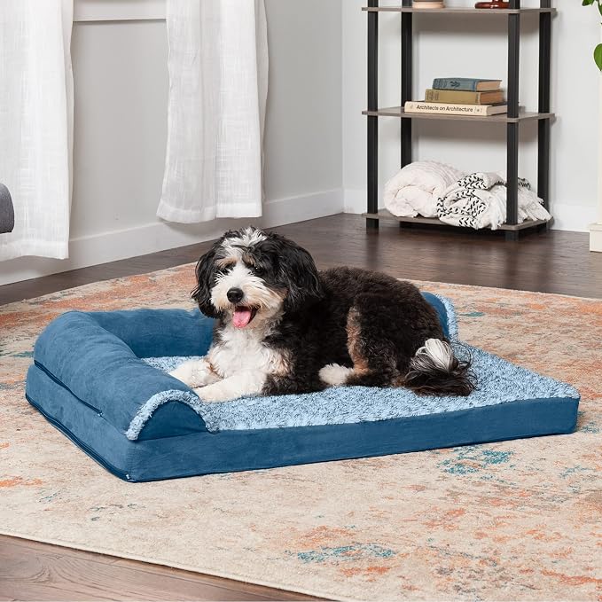 Furhaven Orthopedic Dog Bed for Large/Medium Dogs w/ Removable Bolsters & Washable Cover, For Dogs Up to 55 lbs - Two-Tone Plush Faux Fur & Suede L Shaped Chaise - Marine Blue, Large - Image 2