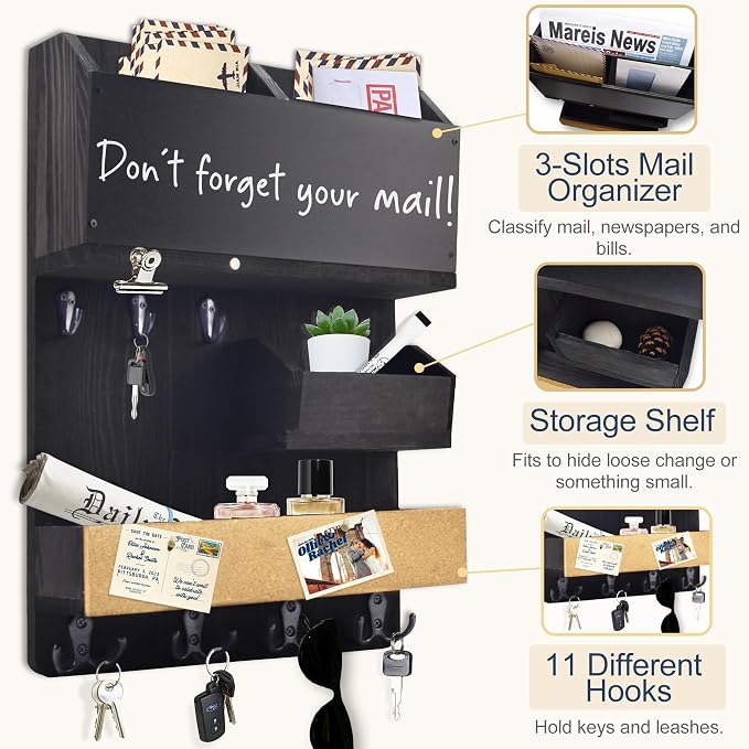 Mail Organizer Wall Mount，Key Holder Mail and Key Organizer for Wall with Shelf, Chalkboard, Corkboard, Home Decor for Room Office Entryway(Midnight Black) - Image 5