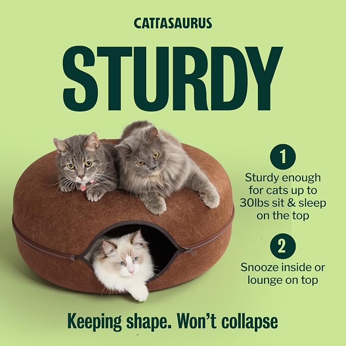 Cattasaurus Peekaboo Cat Cave Donut for Multiple & Large Cats up to 30-45 lbs, 3-in-1 Self Warming Cat Bed, Tunnel & Scratcher for Indoor Cats, Washable & Detachable Small Dog Bed (Brown, Large) - Image 3